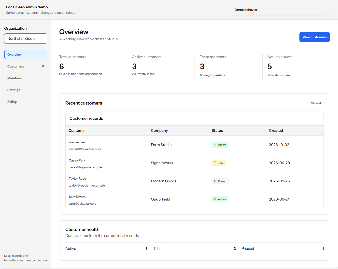 SaaS admin local demo with customer records and organization navigation in light mode